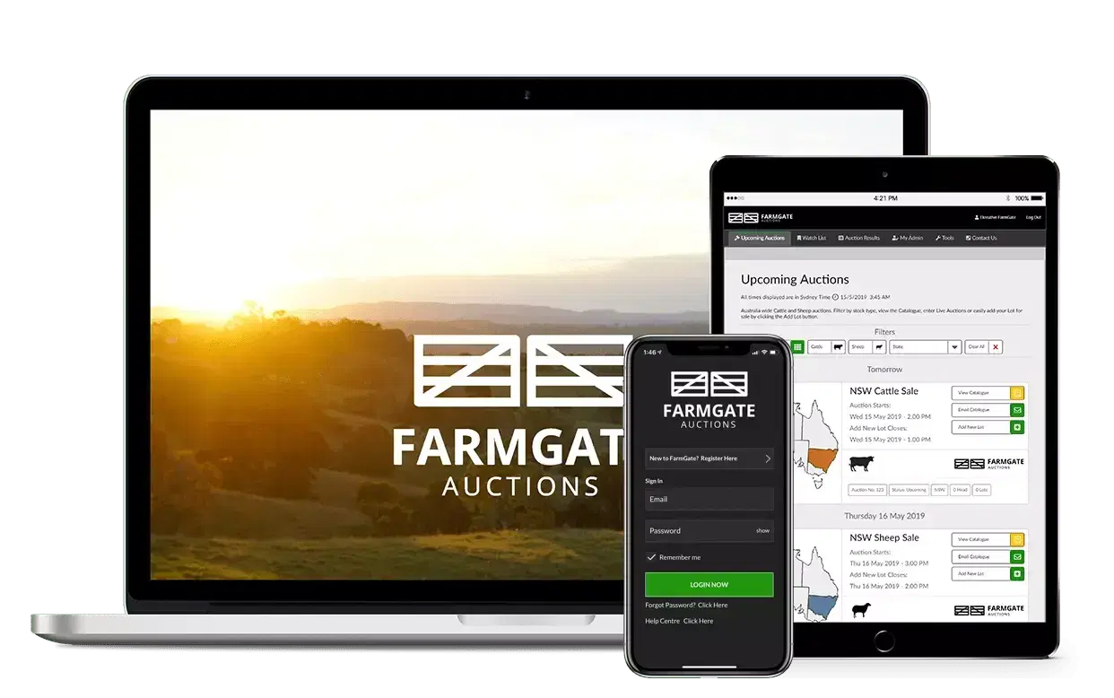 Farmgate Auctions on a laptop, a tablet and a phone, with the upcoming livestock sales listed by state