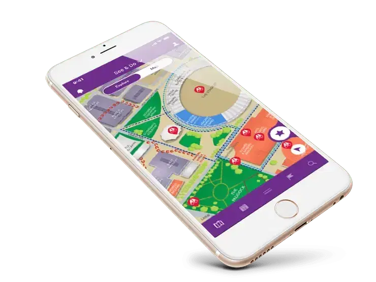 Phone showing a colour-coded showground map with location markers and a walking route