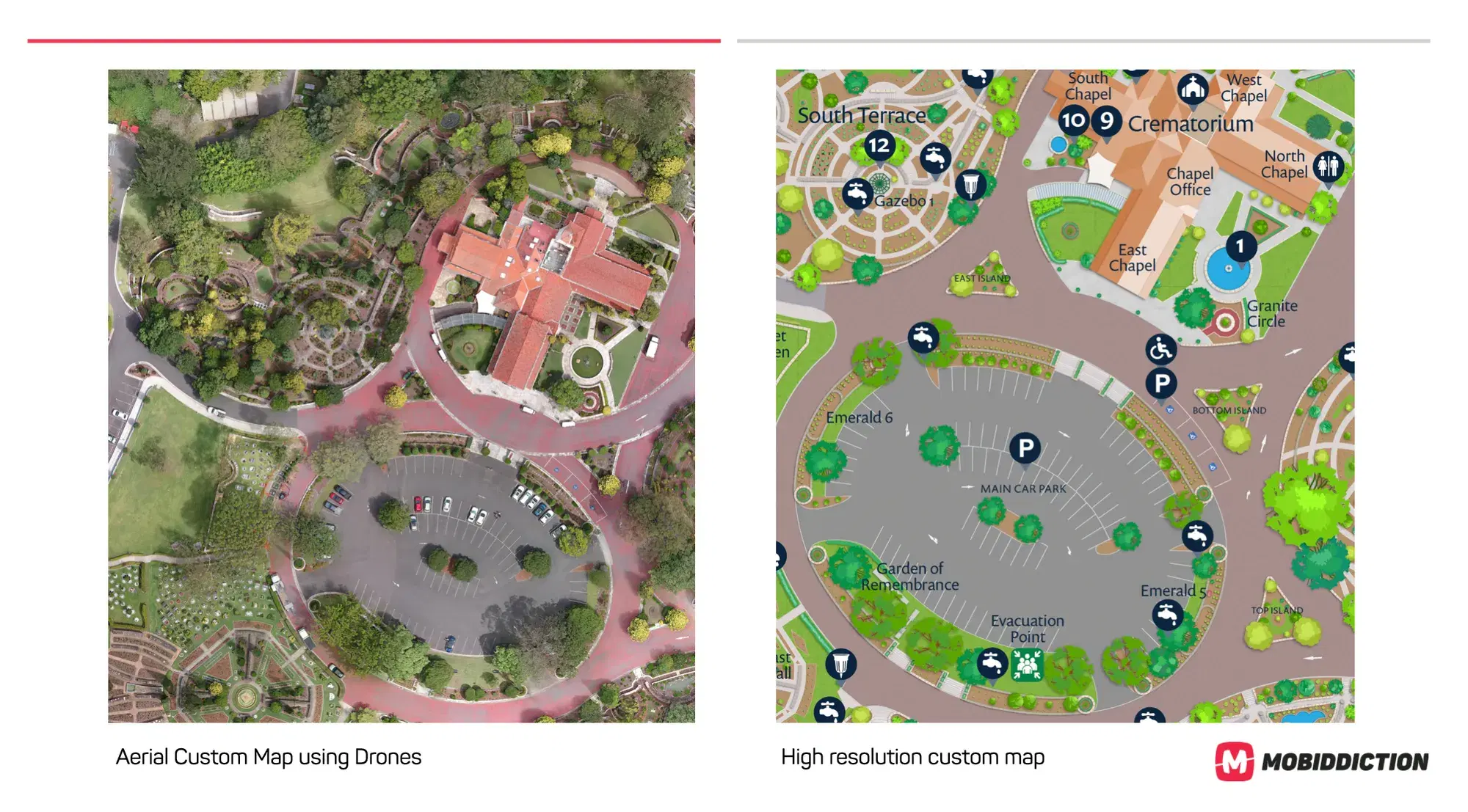 Aerial drone photo of a memorial park beside the finished high-resolution custom map of the same area