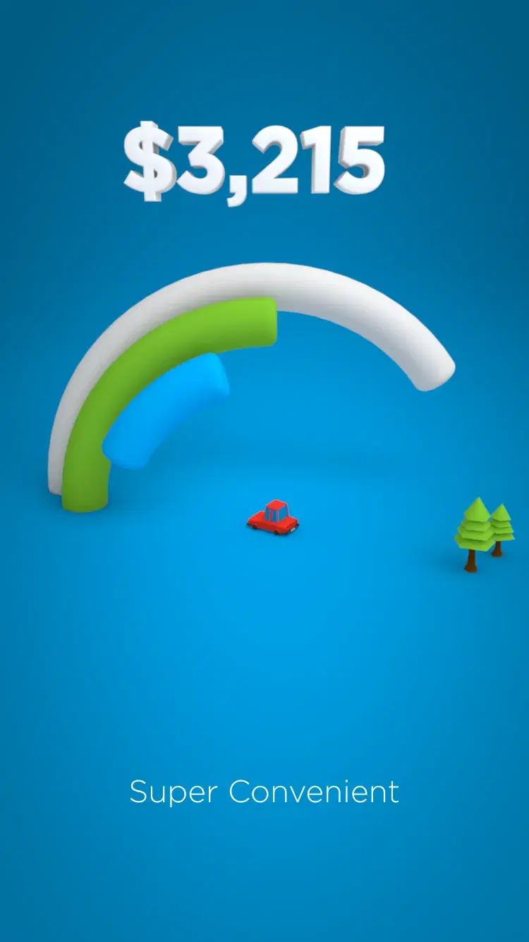 Superannuation app onboarding screen showing a balance of $3,215 above a progress gauge