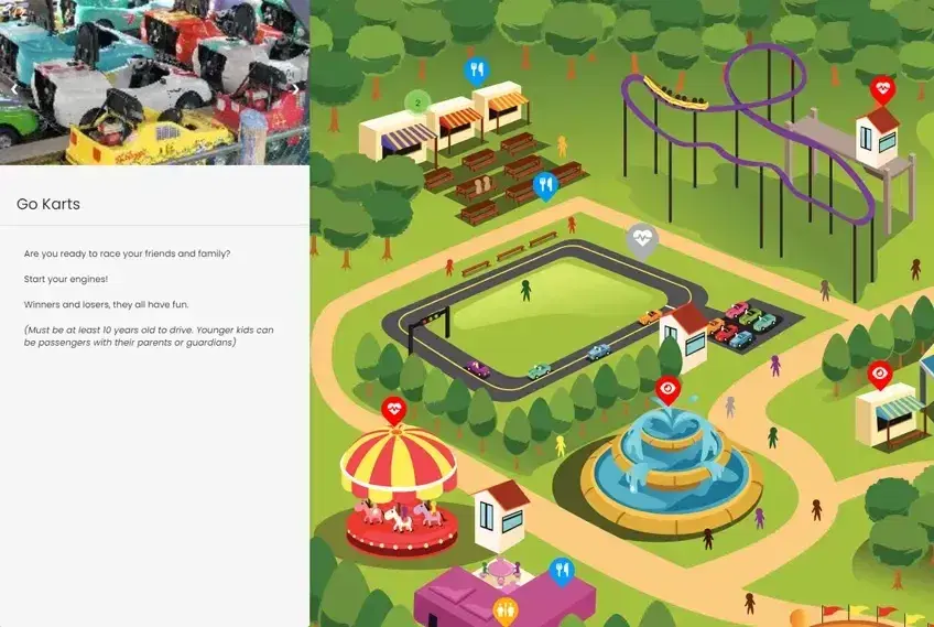 Illustrated carnival map with ride, food and first aid markers, and a go-kart information panel open