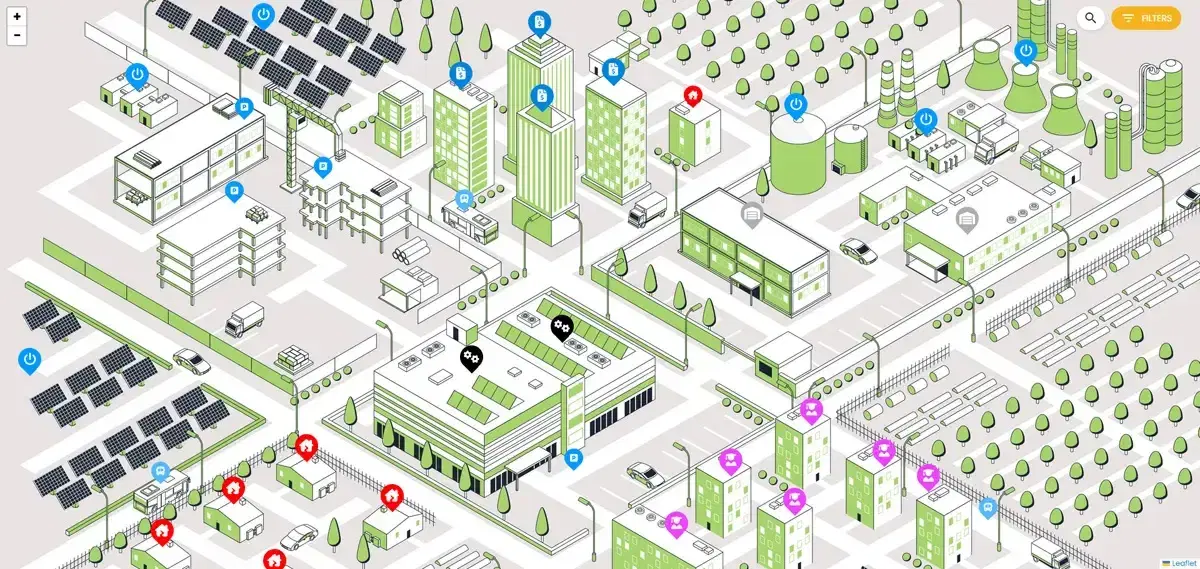 Isometric illustrated industrial precinct with solar arrays, buildings and coloured markers for facilities