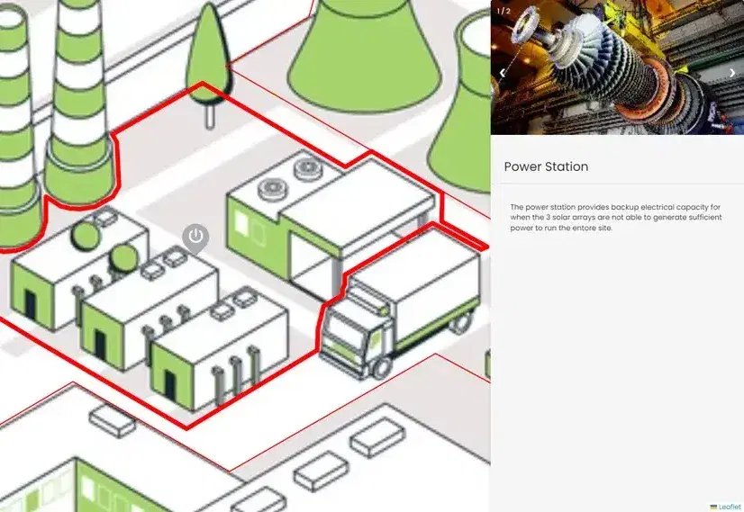 Illustrated factory map with a power station outlined in red and its information panel open, showing a photo and description