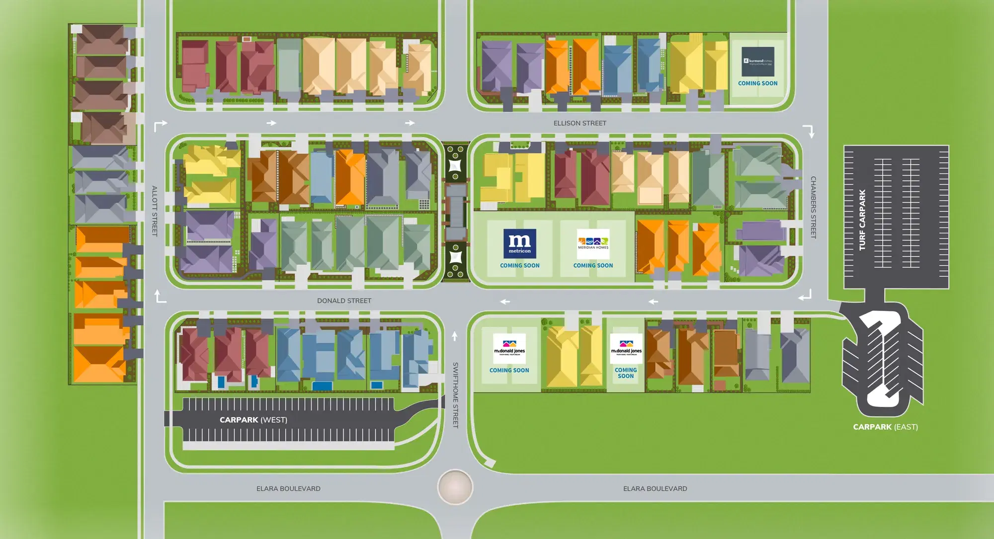 Illustrated HomeWorld Marsden Park display village map with streets, homes, builders’ logos and car parks