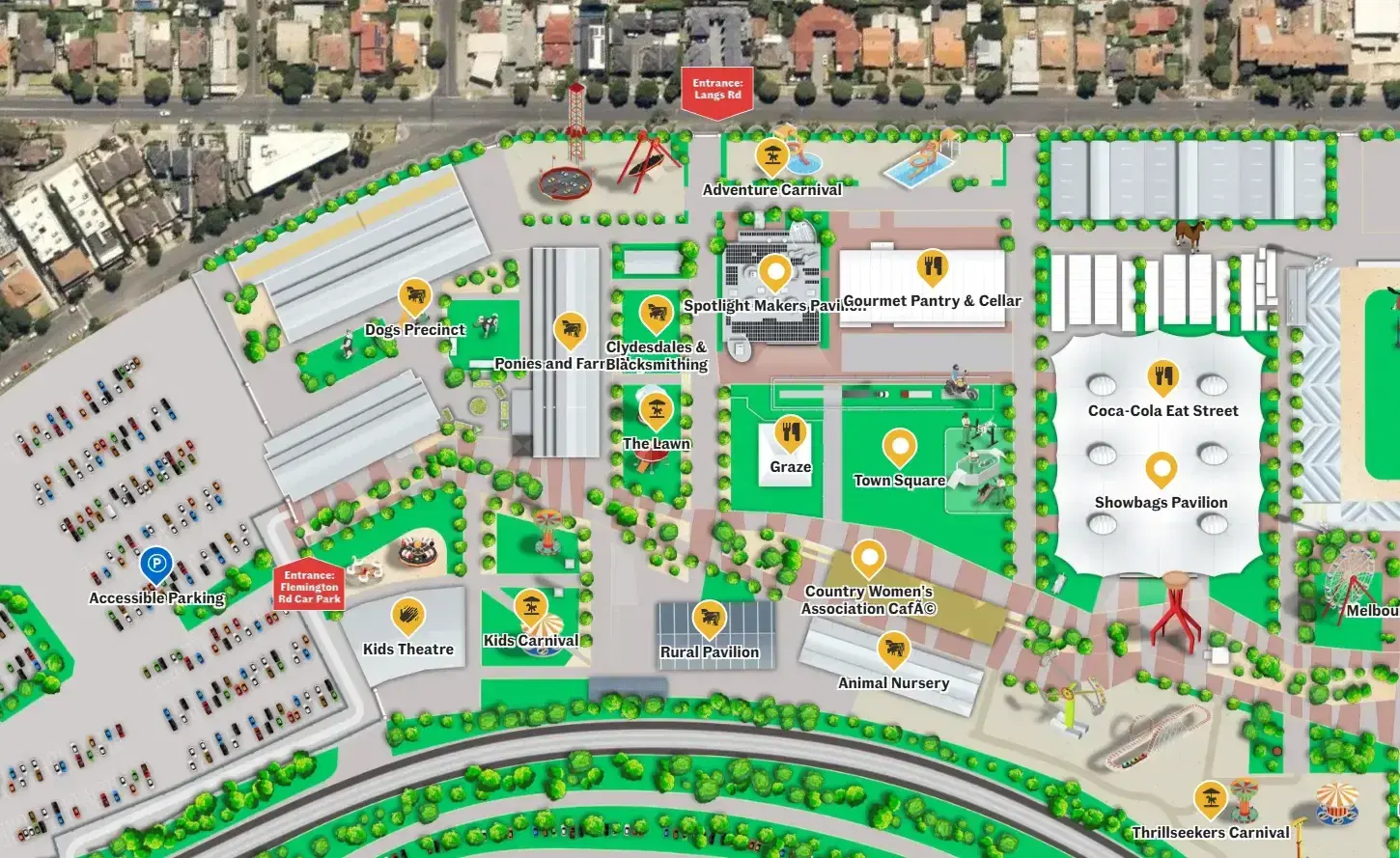 Melbourne Royal Show 2025 map over aerial imagery, with markers for pavilions, food, carnivals and entrances