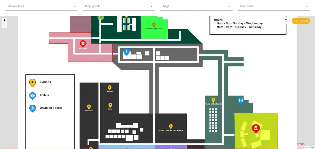 Private museum floor map with exhibit, toilet and accessible toilet markers, opening hours and a filter bar