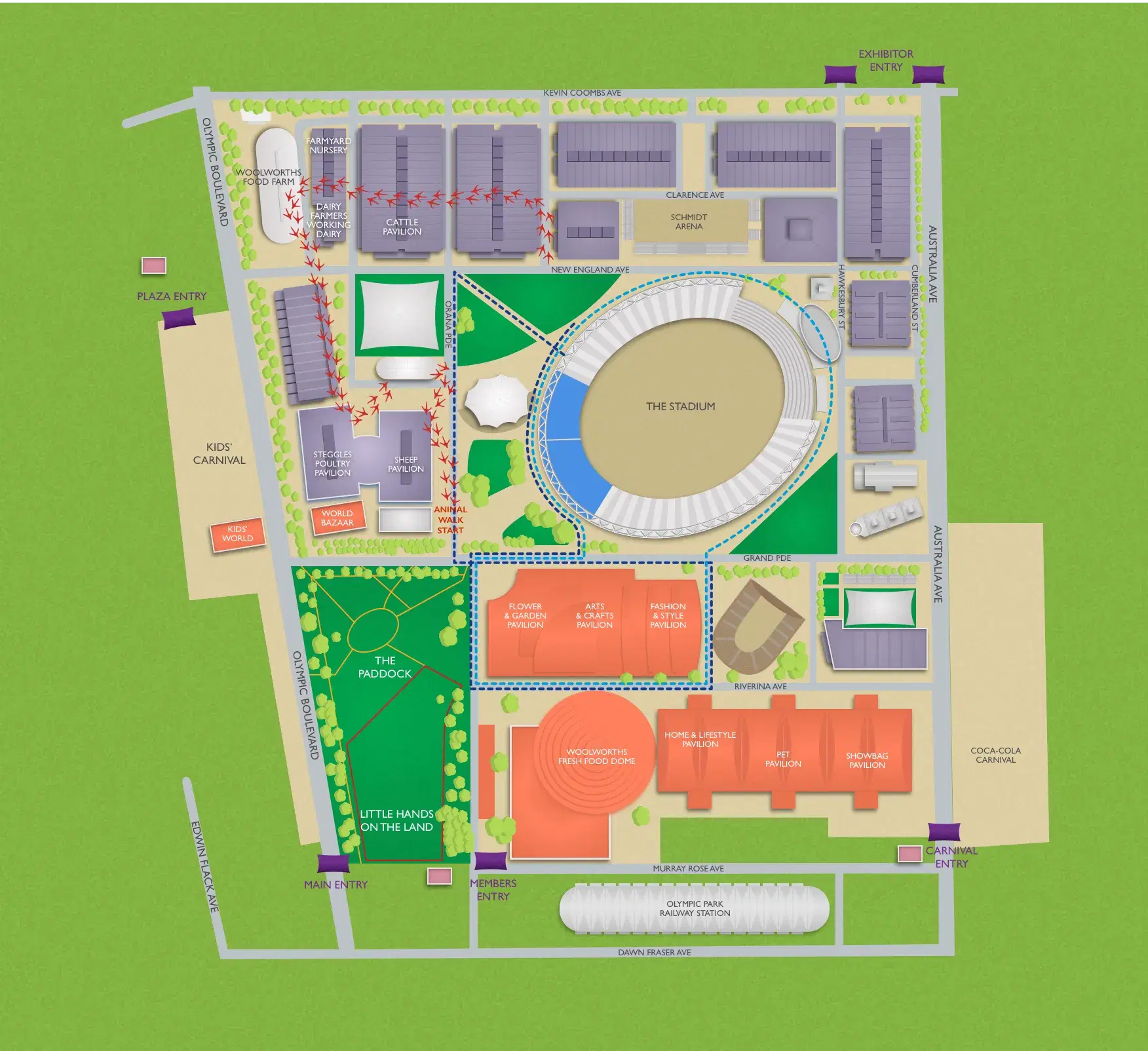 Illustrated Sydney Royal Easter Show map with pavilions, the stadium, entries and an animal walk route