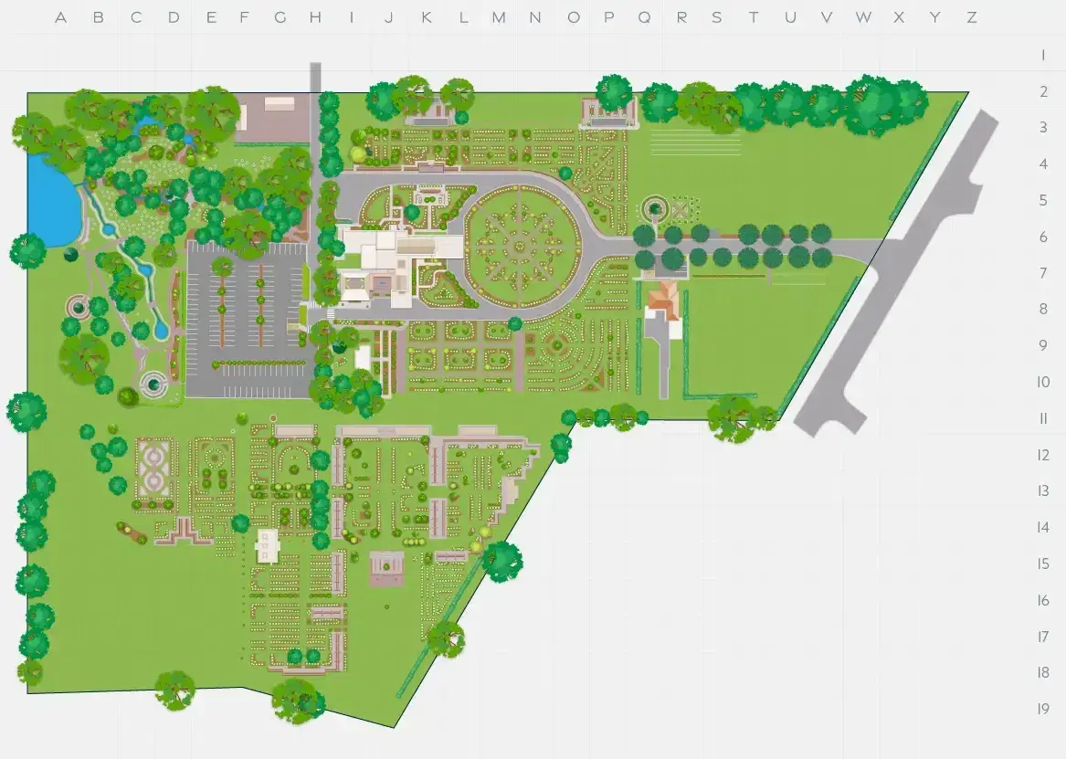 Illustrated memorial park map showing gardens, paths, buildings and a lake on a lettered grid