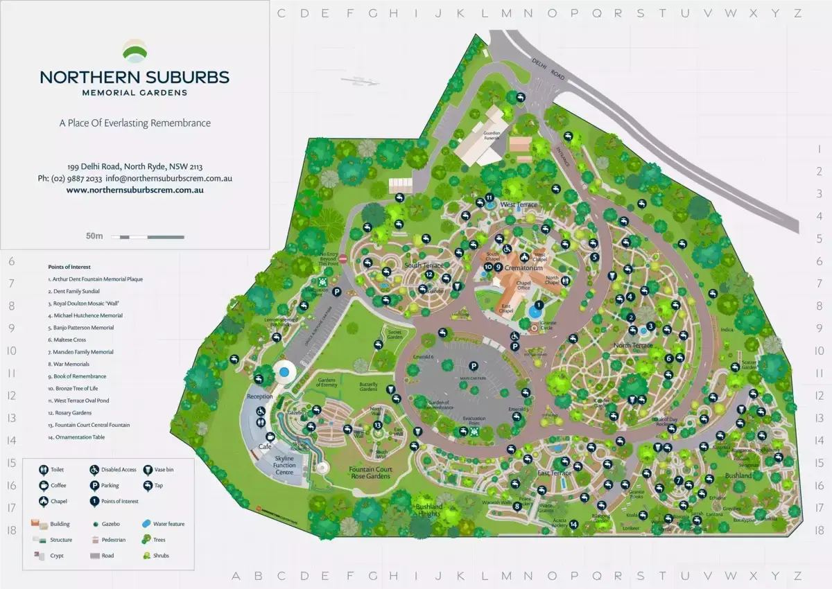 Printed map of Northern Suburbs Memorial Gardens with a grid, a numbered points-of-interest list and a symbol legend