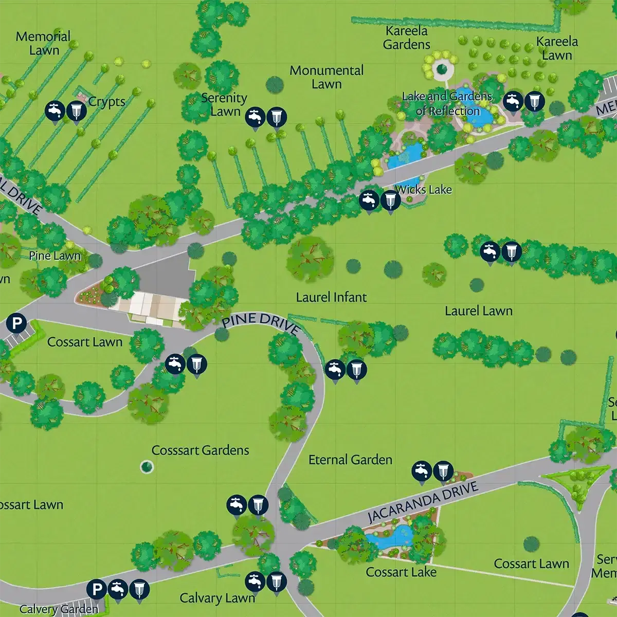 Detailed memorial park map with named lawns, gardens and drives, and markers for facilities and parking