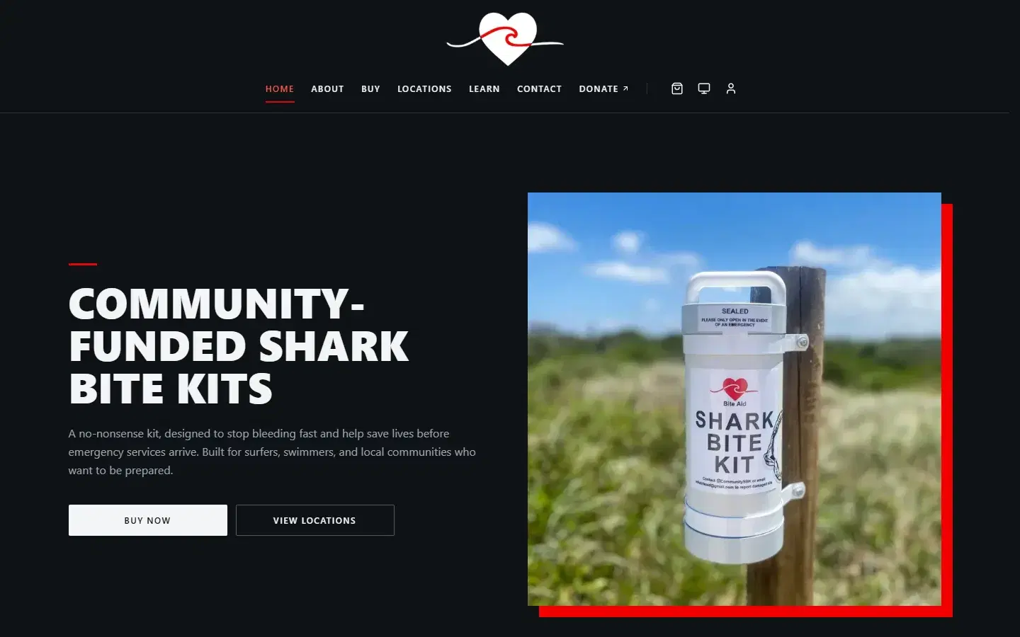 The Community Shark Bite Kits website home page, headed Community-funded shark bite kits, with a photo of a kit mounted on a post