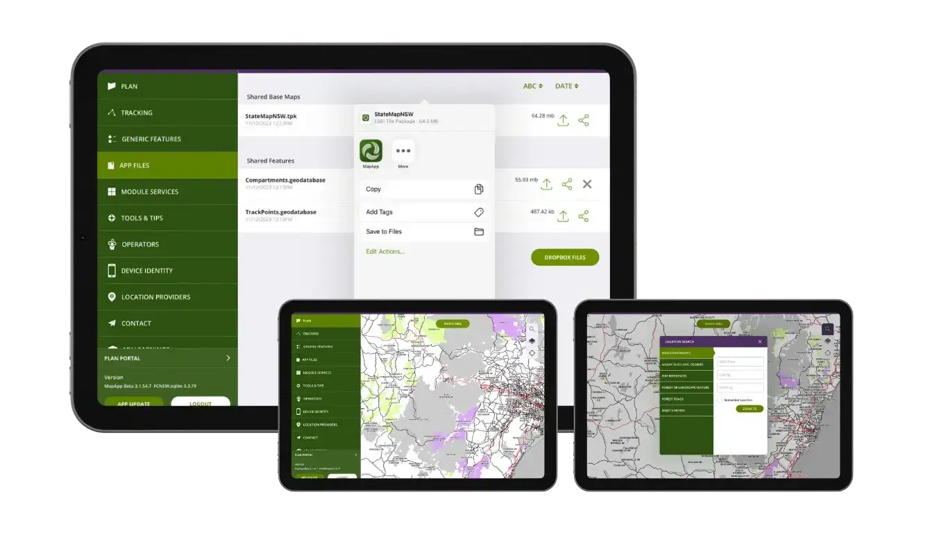 Forestry Corporation of NSW MapApp on an iPad and two tablets, showing map layers and module menus