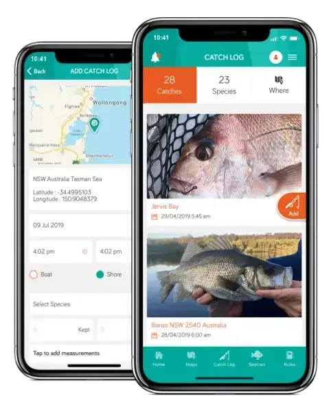Two phones showing the FishSmart catch log: a map of the catch location and a list of recent catches with photos