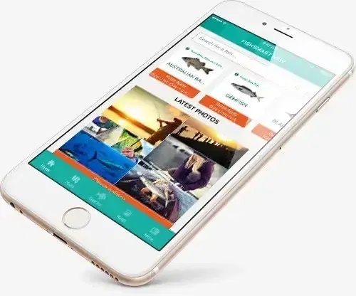 A phone showing the FishSmart home screen with the latest catch photos from fishers