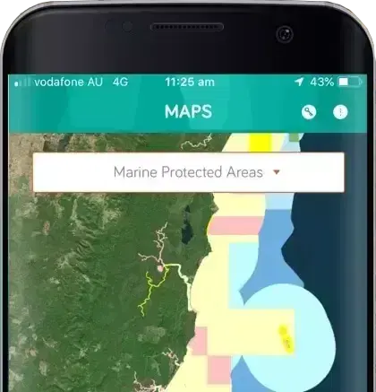 The FishSmart maps screen showing marine protected areas as coloured zones along the coast