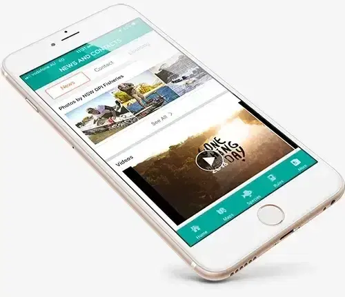A phone showing FishSmart news stories and fishing videos