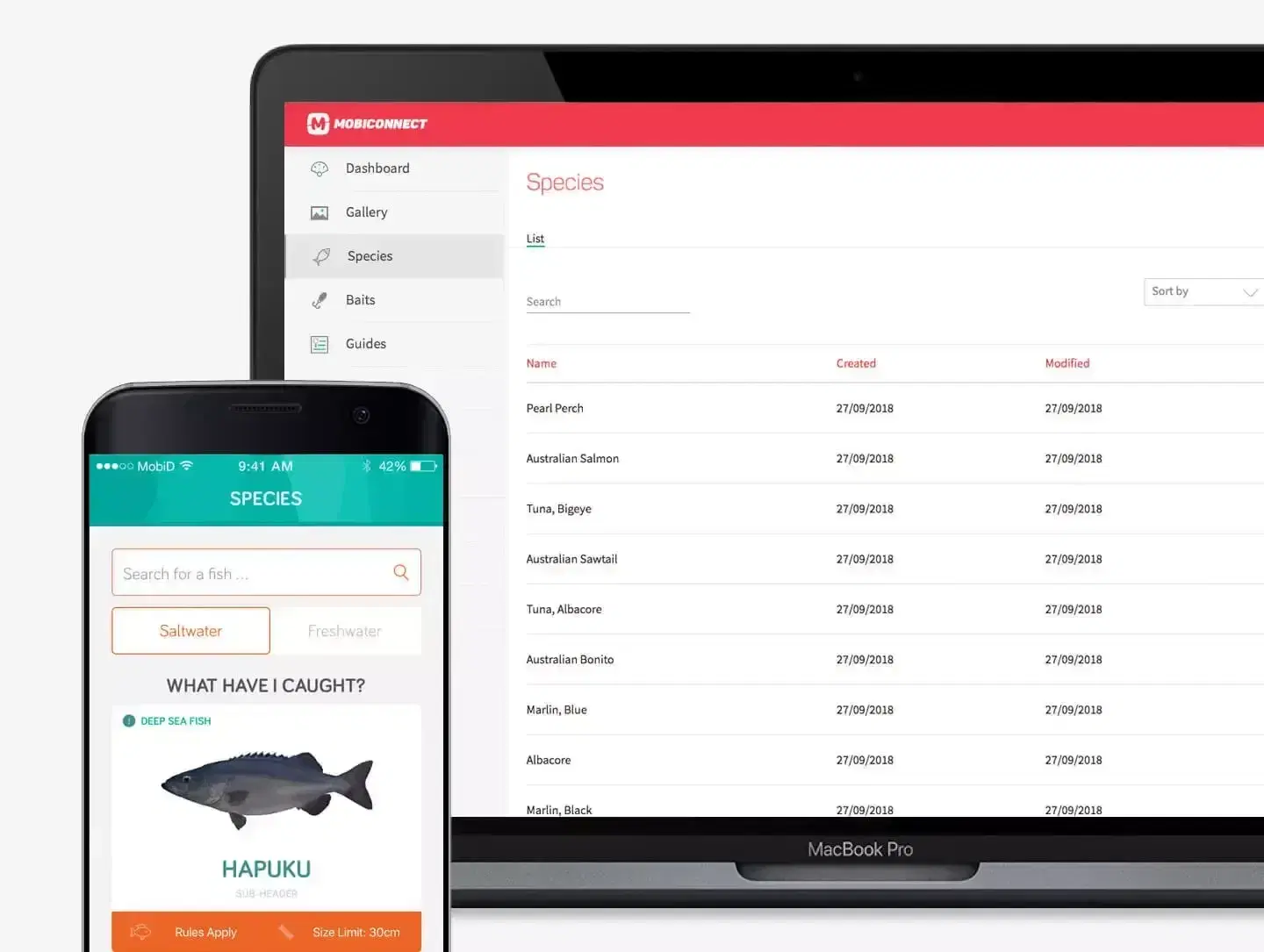 The FishSmart species list in the original Mobiconnect admin console on a laptop, beside a phone showing a species page for hapuku