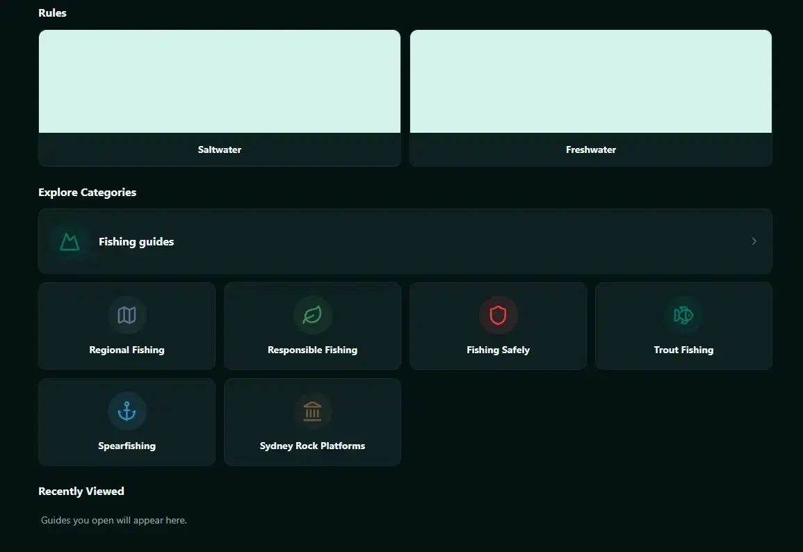 FishSmart web app rules page with saltwater and freshwater rules and guide categories such as Regional Fishing, Fishing Safely and Trout Fishing