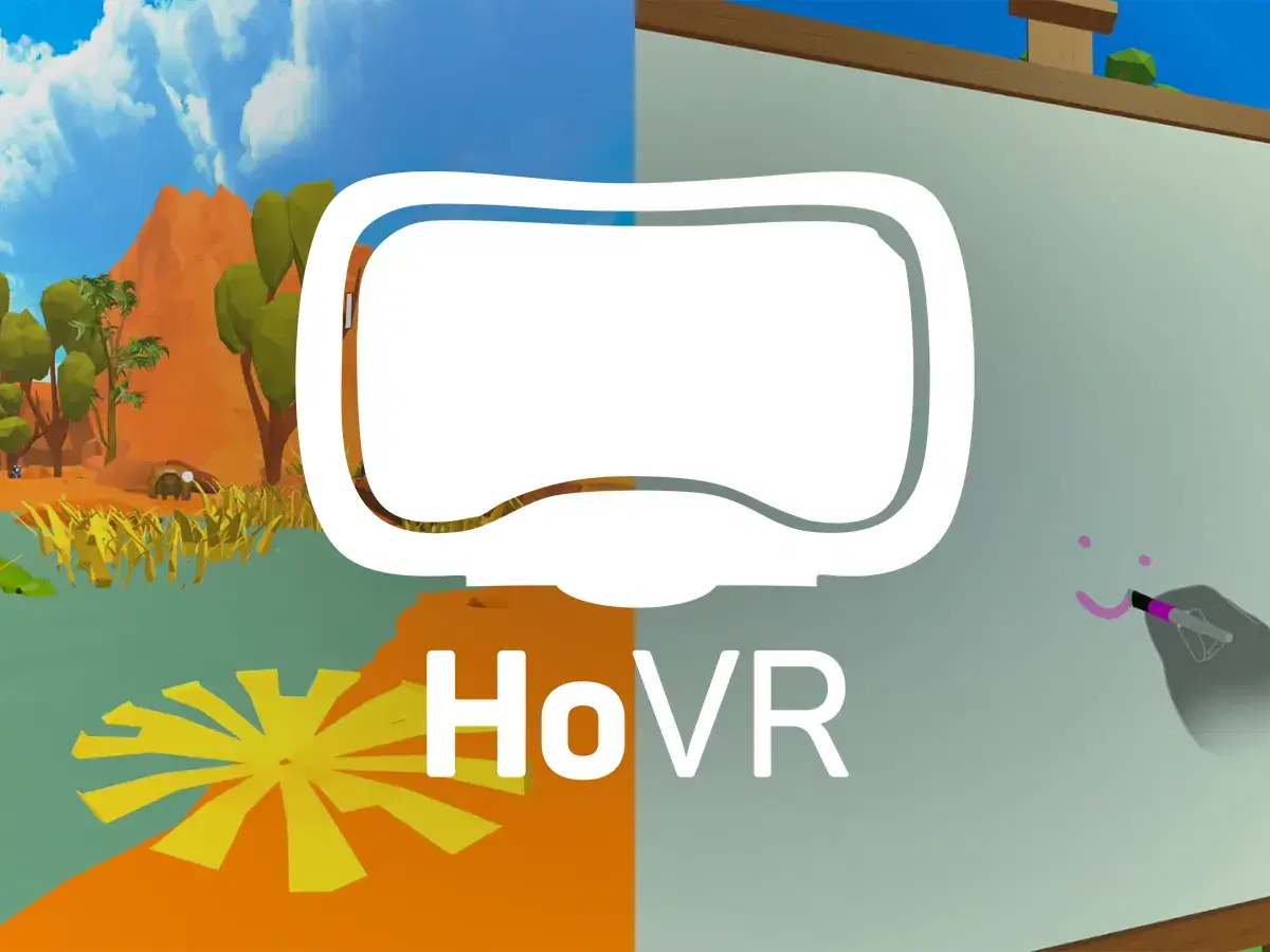 HoVR promotional art: stylised Australian outback on one side and hand tracking drawing a smiley face on the other, with a VR headset icon and HoVR wordmark