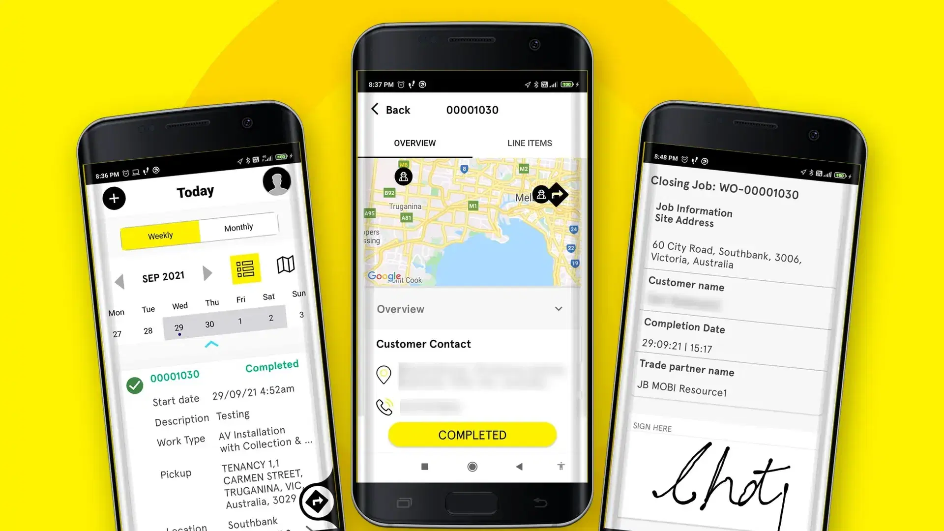 Three phones showing the installer app: today’s jobs by week, a job overview with a map and customer contact, and a closing screen with a signature
