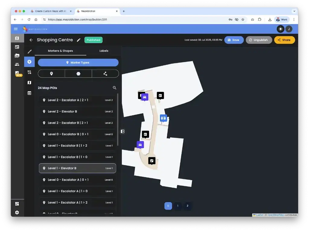 The Mapiddiction map builder showing a published multi-level shopping centre map with escalator, lift and toilet markers