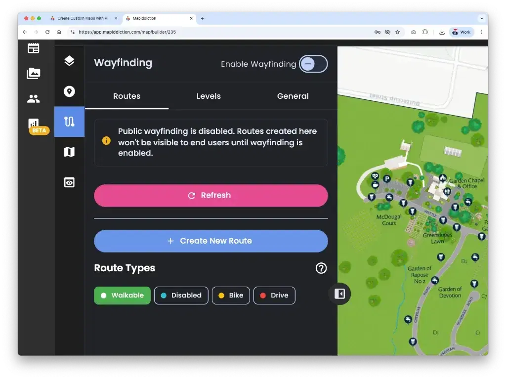 Mapiddiction wayfinding settings beside a green venue map with markers and a walking route