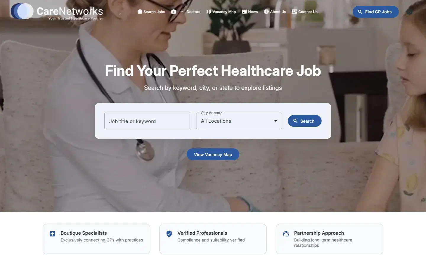 The Care Networks website home page, headed Find Your Perfect Healthcare Job, with a job search form