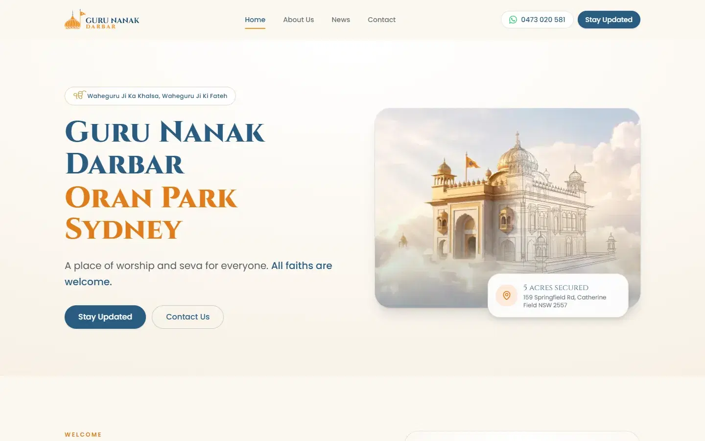The Guru Nanak Darbar Oran Park Sydney website home page, with an illustration of a gurdwara