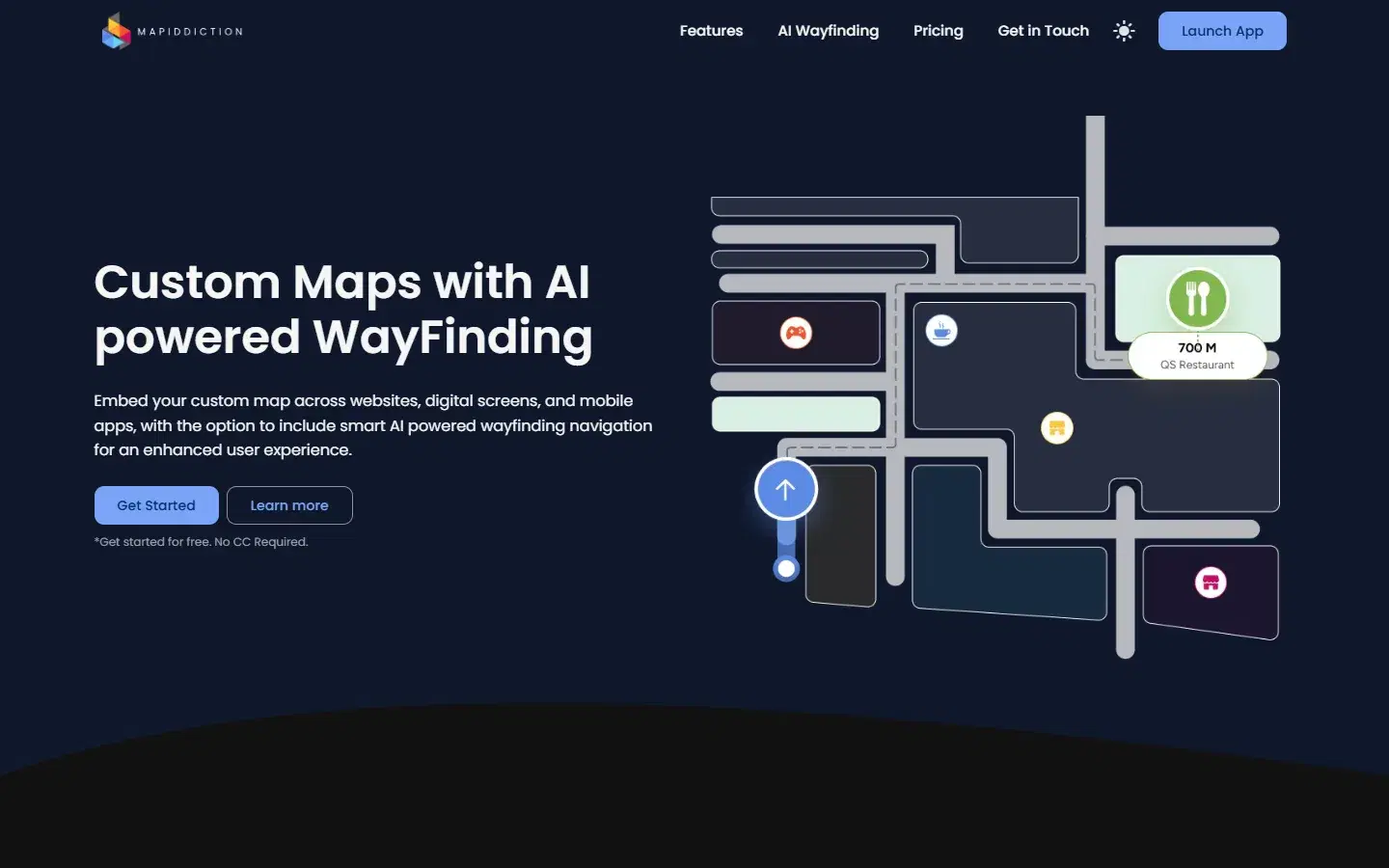 The Mapiddiction website home page, headed Custom Maps with AI powered WayFinding, beside an illustrated venue map