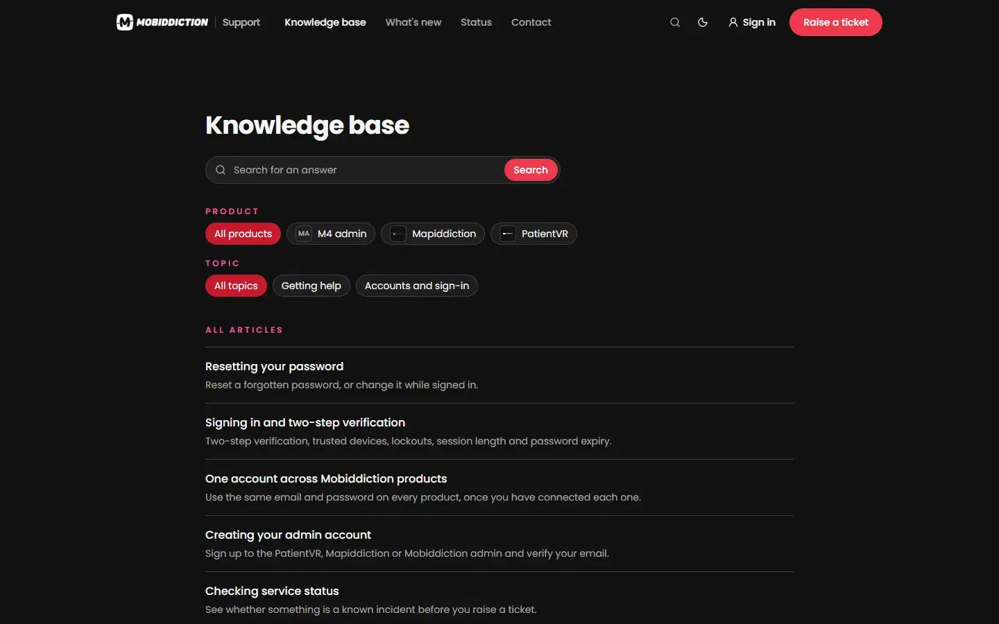 The Mobiddiction support knowledge base, with a search box, product and topic filters and articles on passwords, sign-in and accounts