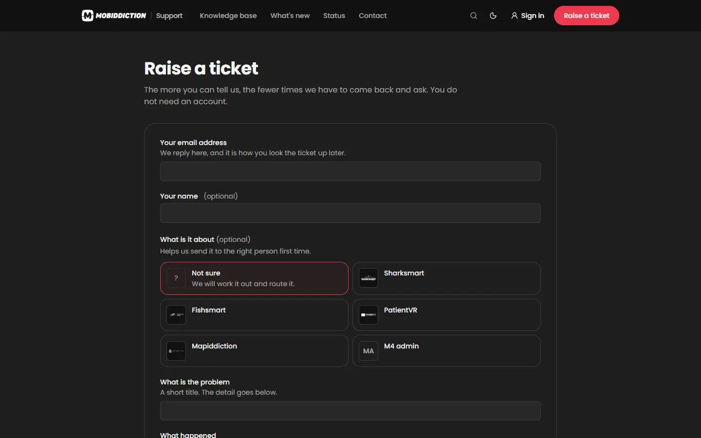 The Raise a ticket form in the Mobiddiction support portal, with email and name fields and a choice of SharkSmart, FishSmart, PatientVR, Mapiddiction or M4 admin