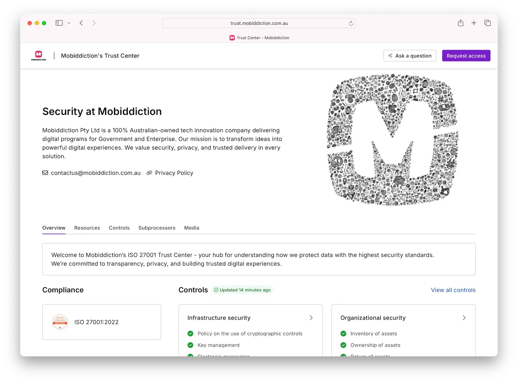 Mobiddiction’s Trust Centre showing its ISO/IEC 27001 certification and compliance controls