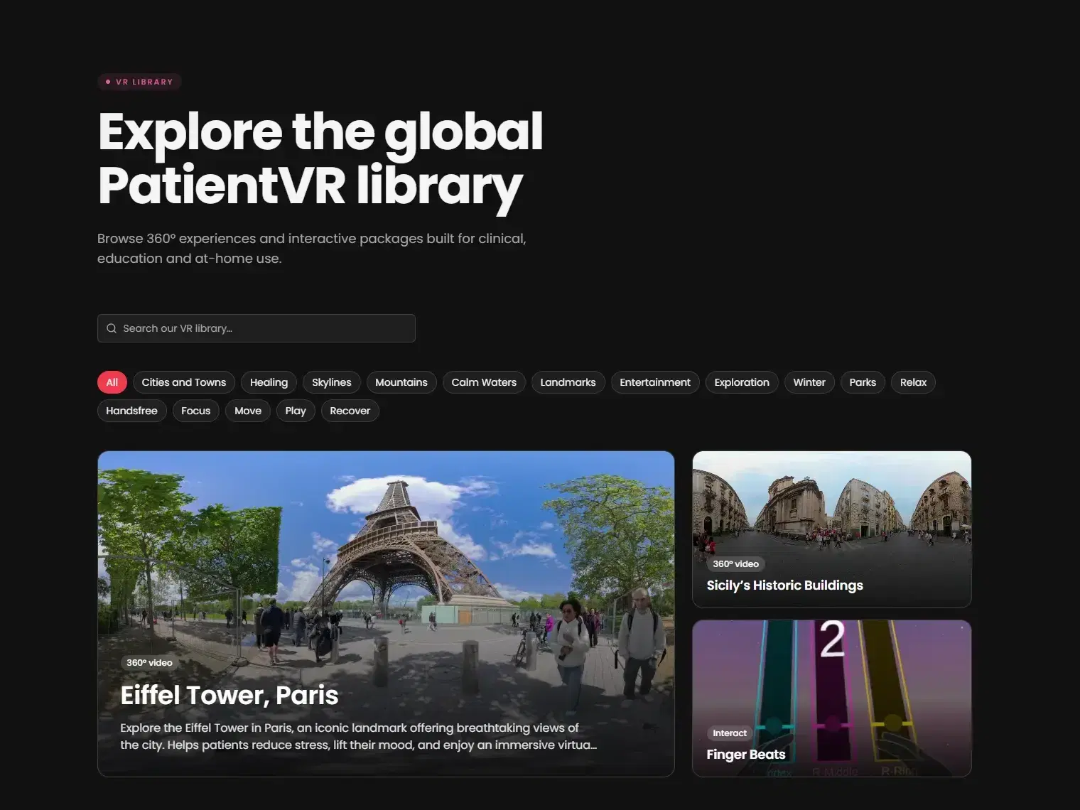 The PatientVR library page, with search, category filters and 360° video cards such as Eiffel Tower, Paris