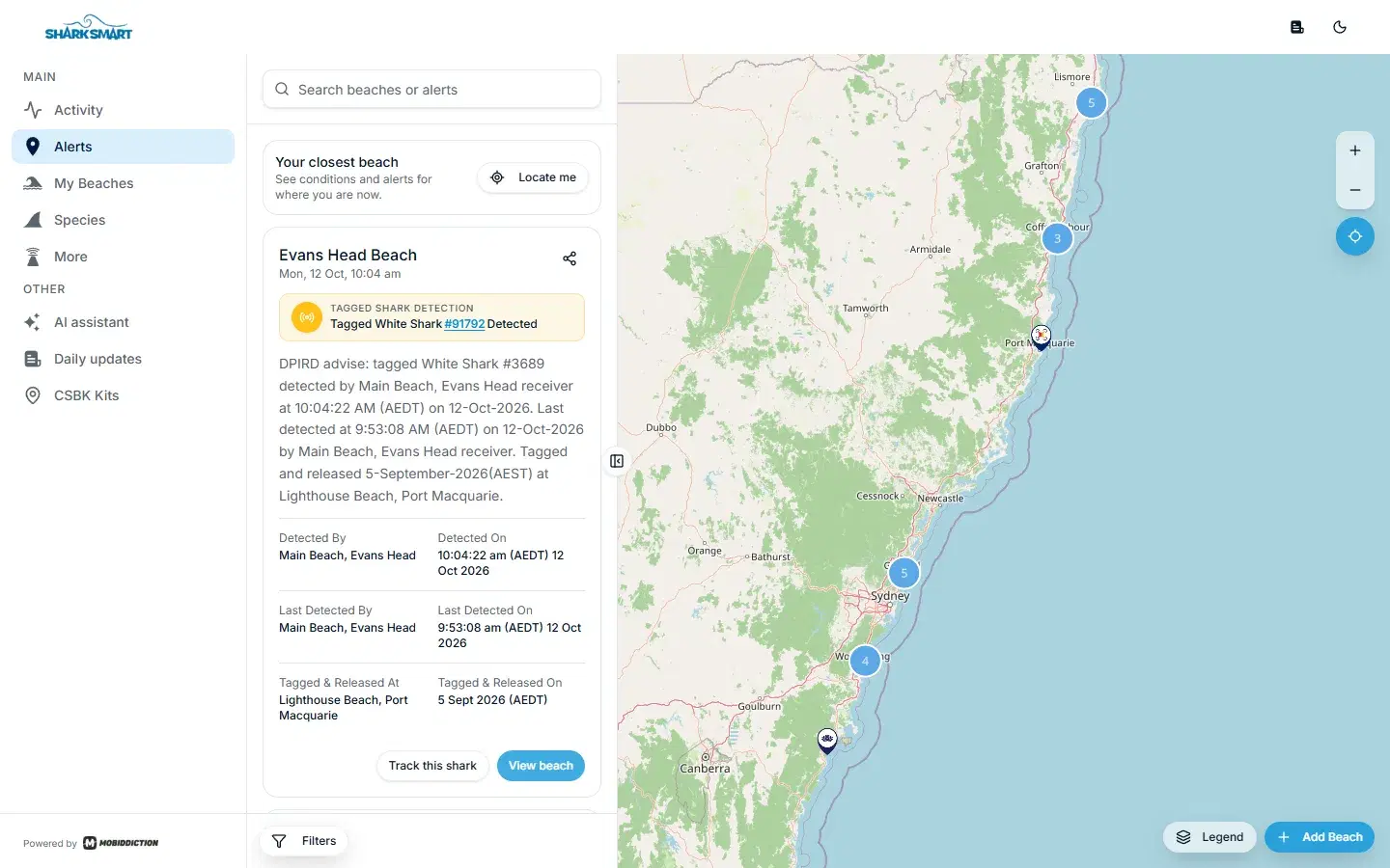 The SharkSmart web app on M4, showing current shark alerts on a map of the NSW coast