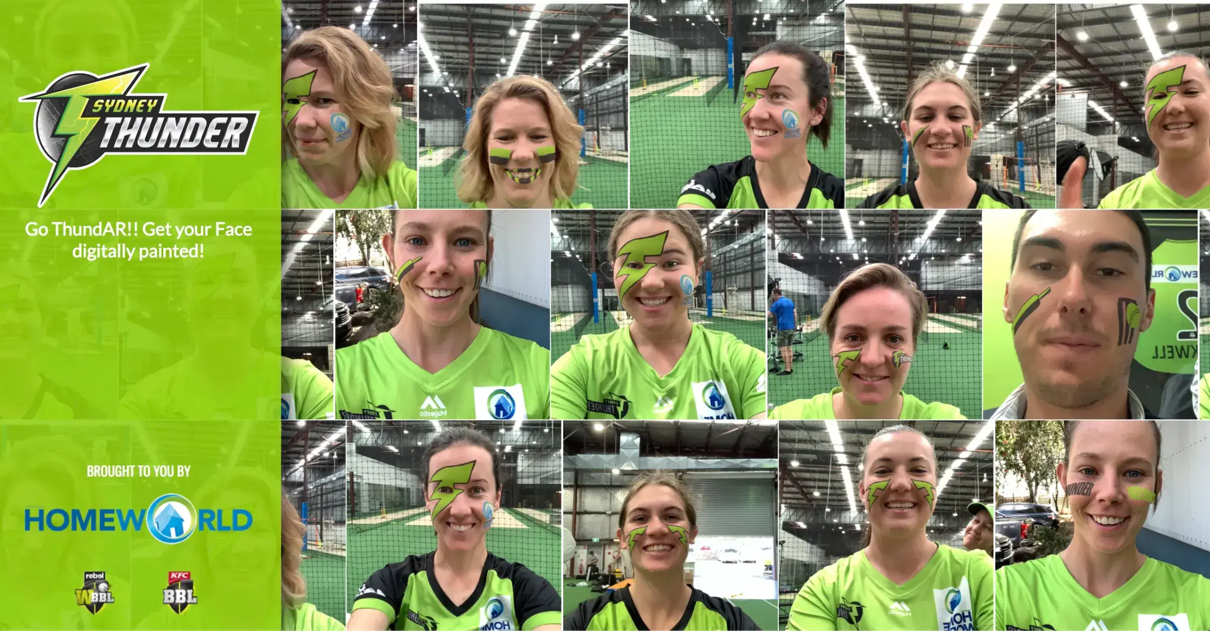 Sydney Thunder players smiling into the camera wearing ThundAR digital face paint, beside the Sydney Thunder and HomeWorld logos