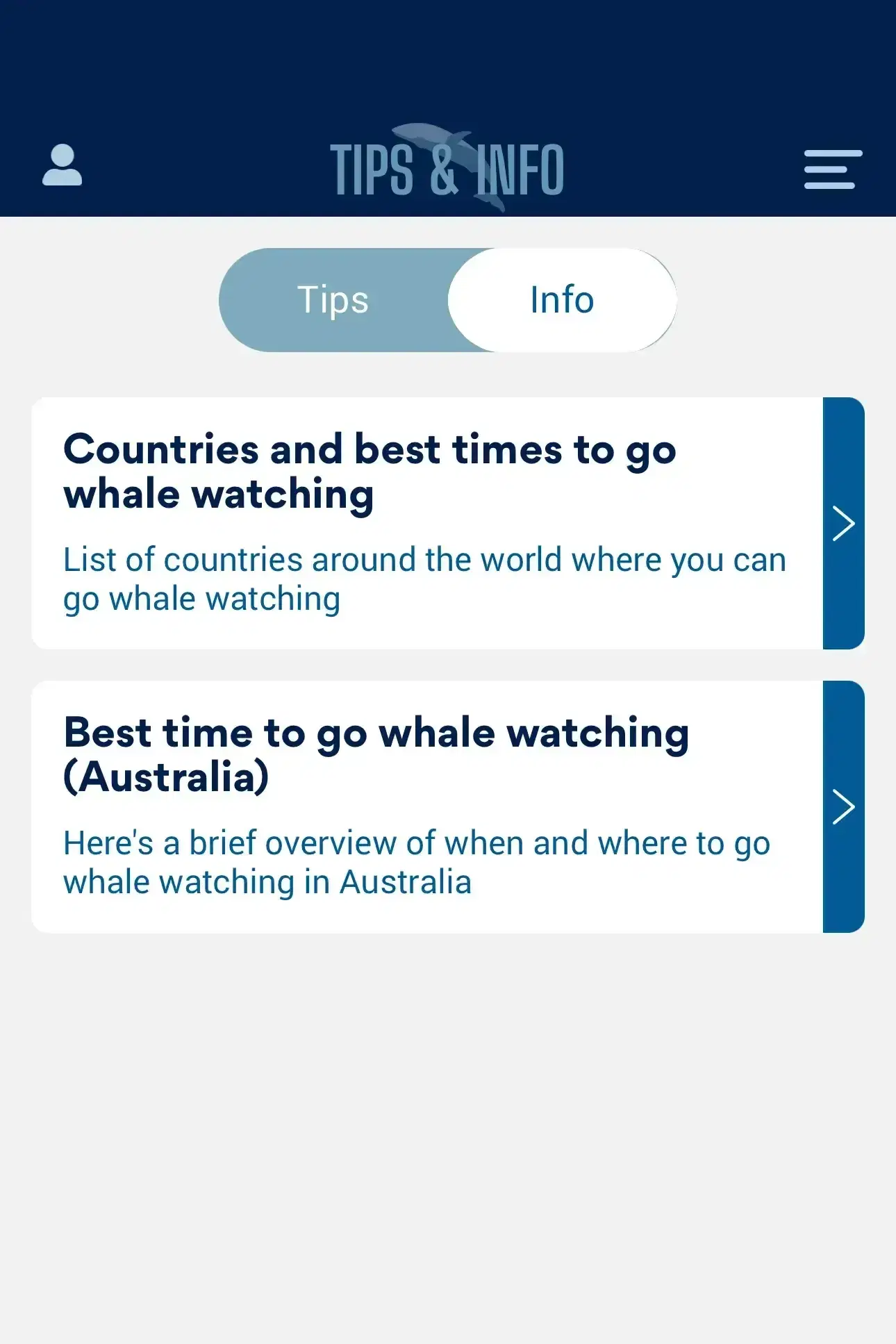 The WhaleWatch tips and info screen with articles on the best countries and times to go whale watching