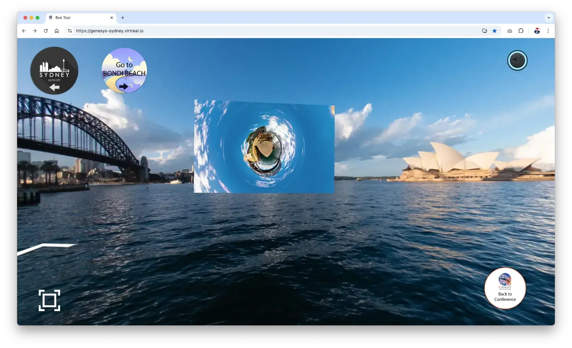 A browser-based 360° tour of Sydney Harbour, with the Harbour Bridge, the Opera House and a hotspot to Bondi Beach