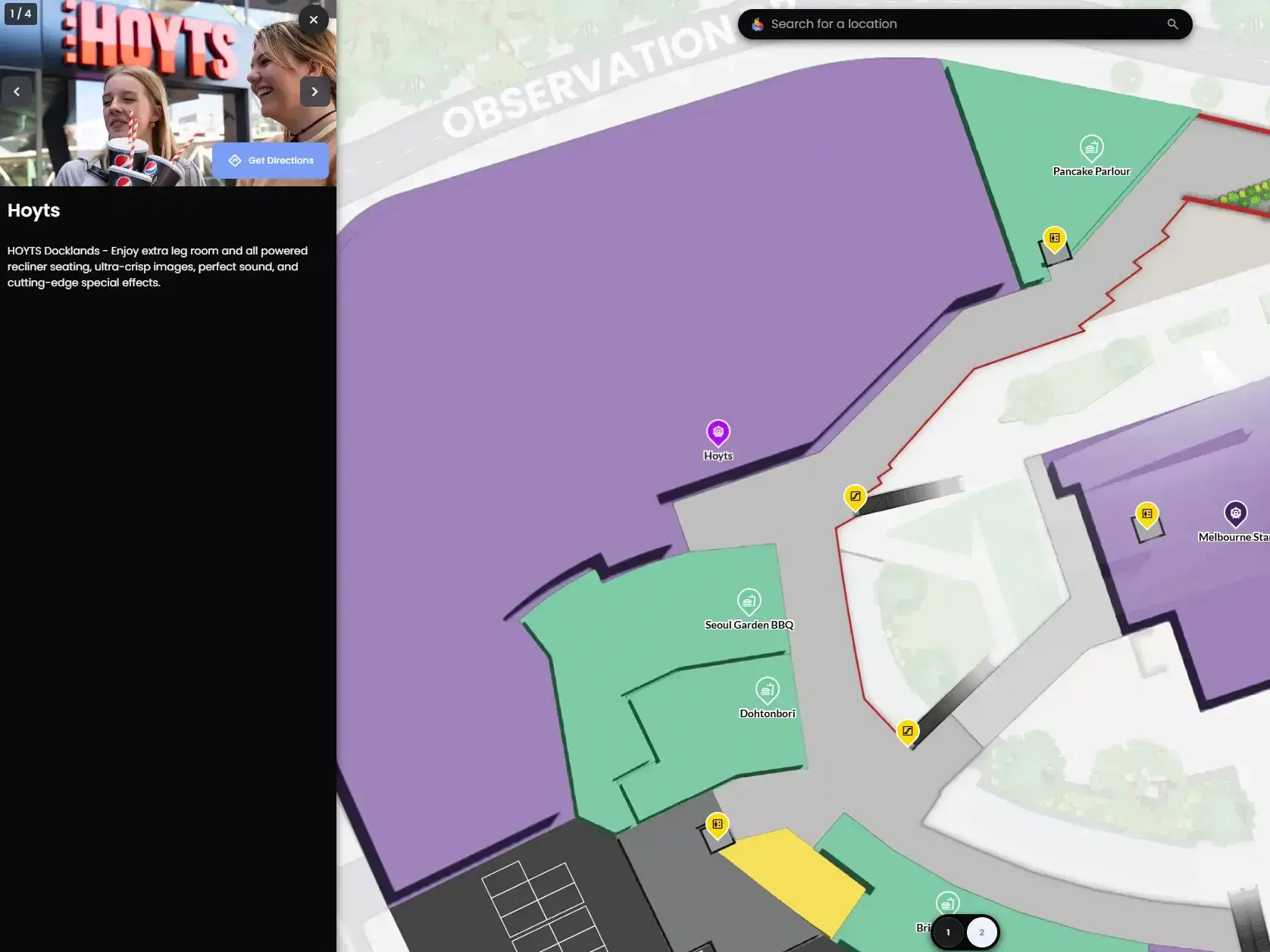A Mapiddiction precinct map of Melbourne’s Docklands with Hoyts selected, showing its photo, description and a Get Directions button