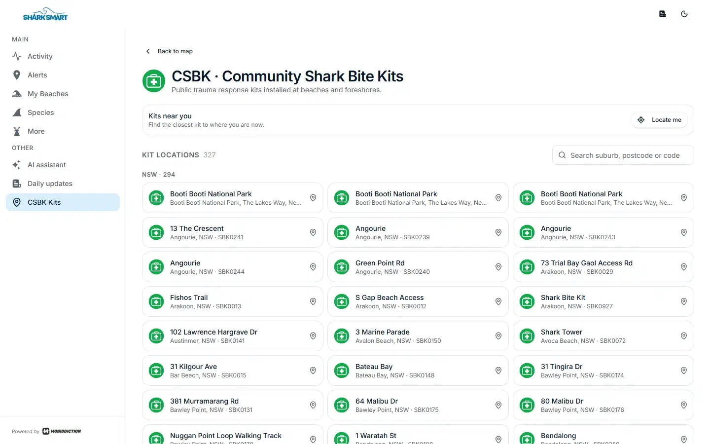 The CSBK page of the SharkSmart web app, listing community shark bite kit locations in NSW with a Kits near you button