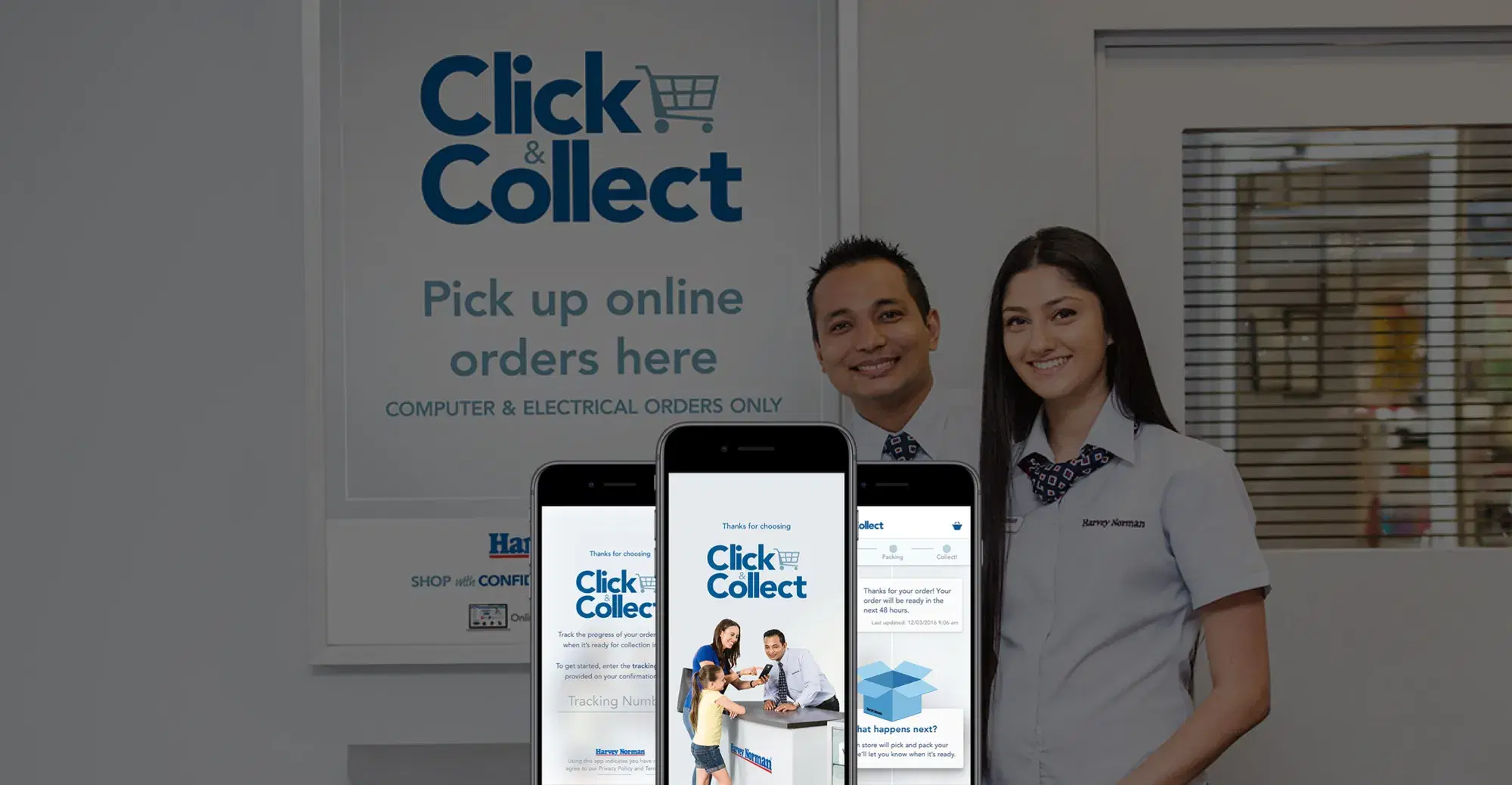 Two Harvey Norman staff at a Click and Collect counter, with the customer app shown on three phones