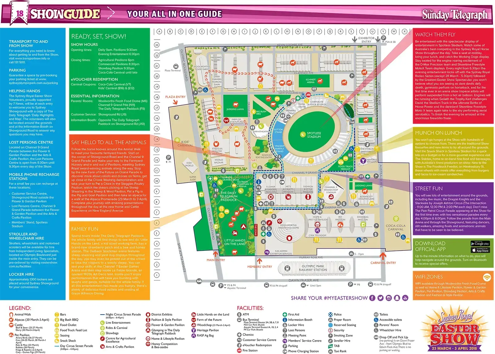 The 2018 Sydney Royal Easter Show guide map of the showground, with colour-coded zones, facilities legend and show information panels