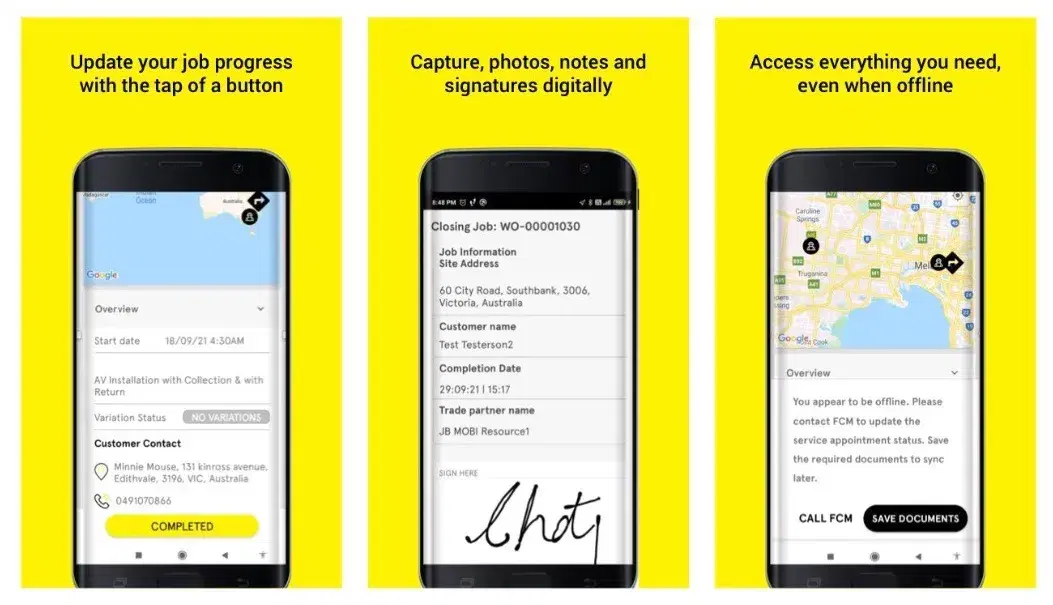 Three phone screens from an installer app: job progress, signature capture on completion, and offline access to job details