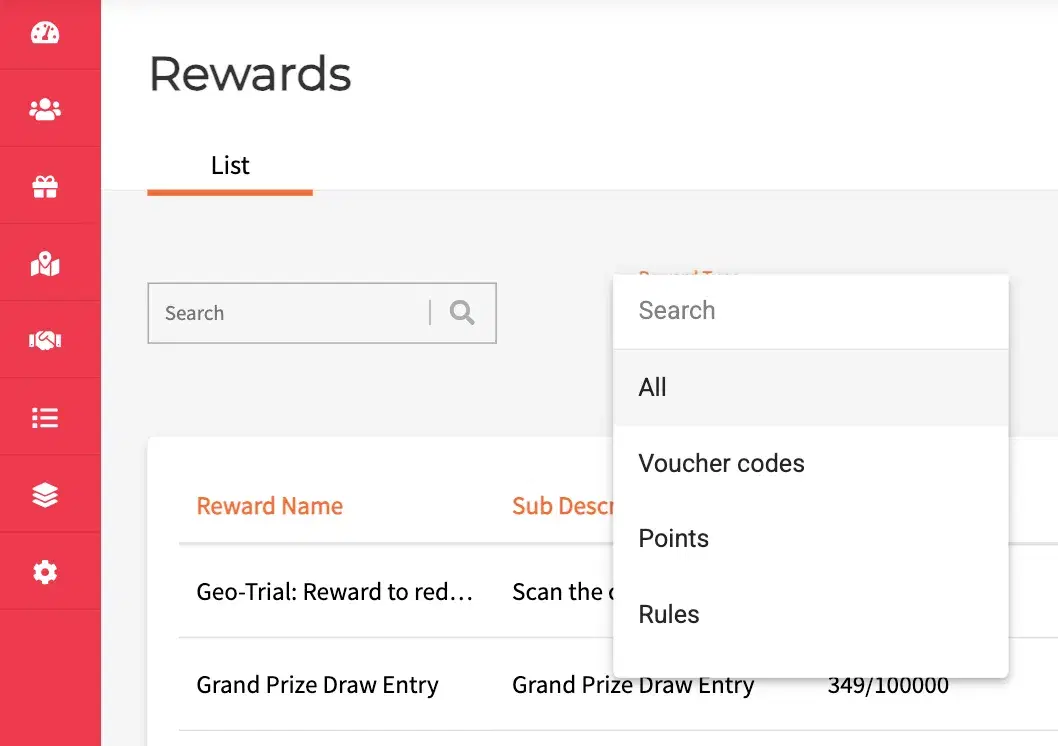 Rewards admin screen listing rewards, with a filter for voucher codes, points and rules