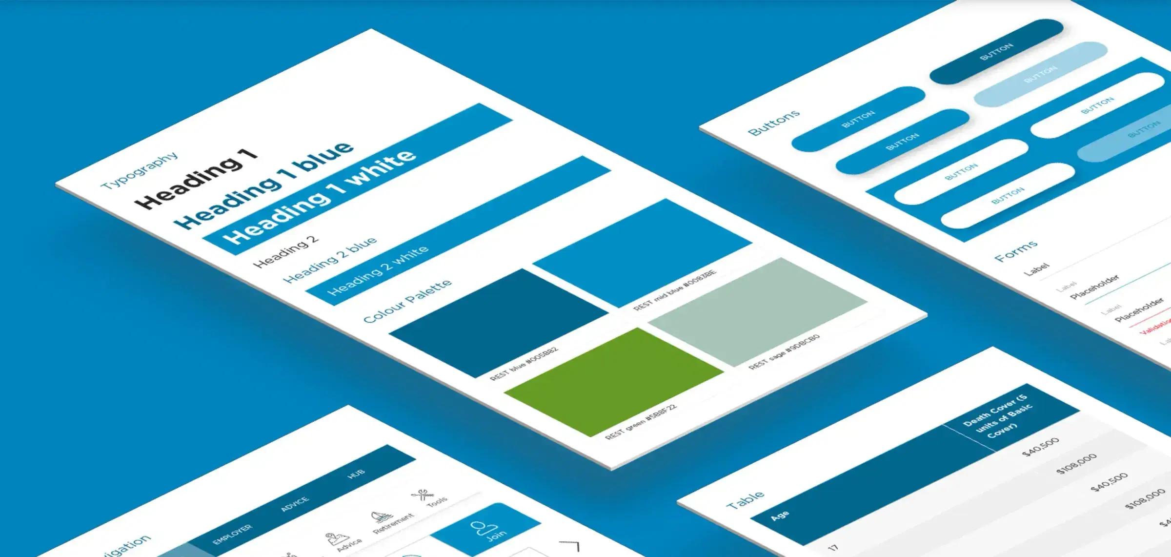 Pages from the member app’s design system laid out at an angle: typography, colour palette, buttons, form fields and a table