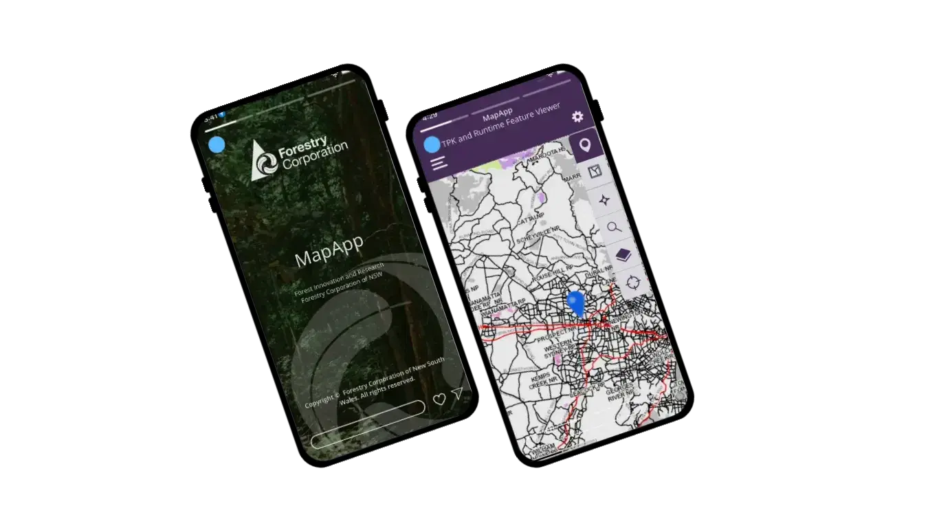 Forestry Corporation MapApp on two phones: the sign-in screen and a map of forest roads and boundaries